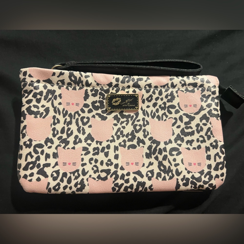 Pink and Black Cat Print wristlet Betsy Johnson